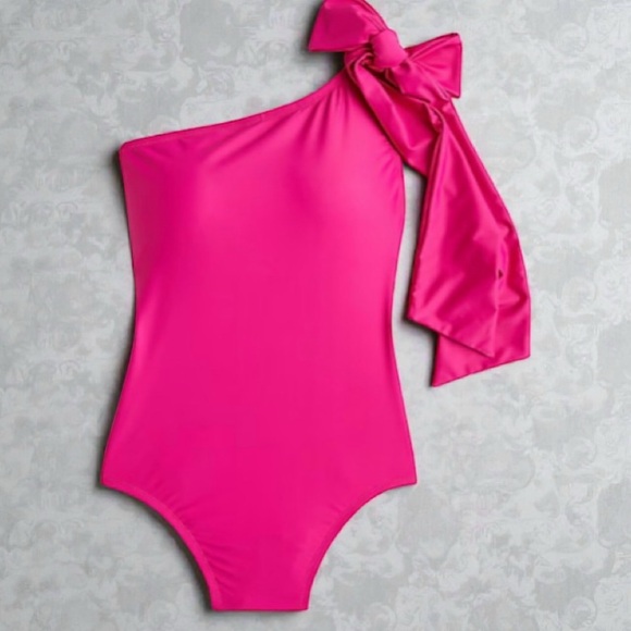 J Crew Women’s Bow Tie One Shoulder One Pc Fuchsia/Hot Pink Swimsuit Sz 24 NIP - Picture 3 of 11
